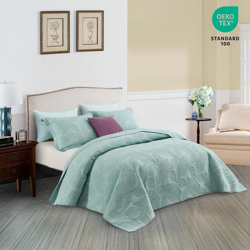 CHIXIN Botanical Cotton Quilt King Size - Real Stitching Leaf Pattern - Quilted Bedspread Coverlet Set, Ultra Soft, Lightweight, Reversible, 3 Piece, Light Green - Image 2